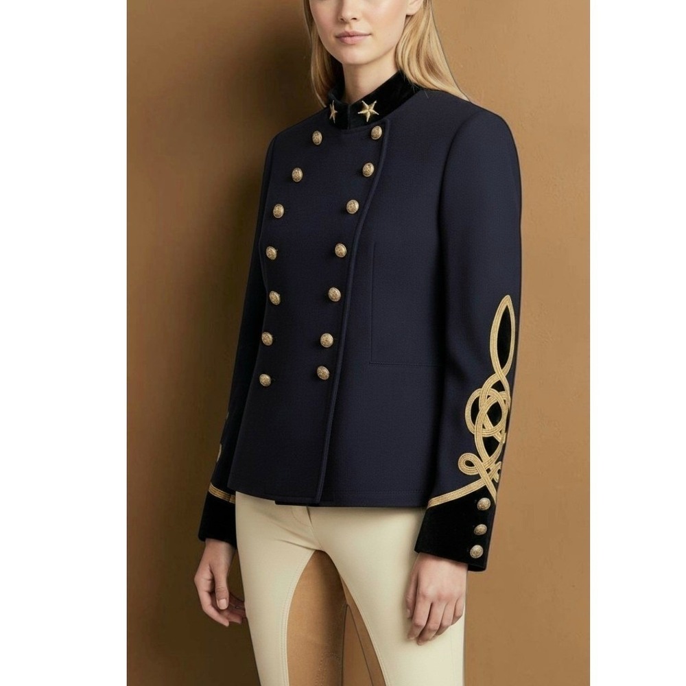 RALPH LAUREN Womens L Military Steampunk Jacket Navy -Embroidery Velvet Peplum